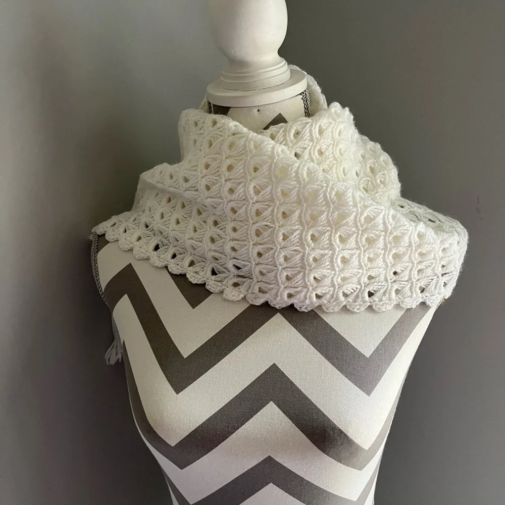 Vintage White Crochet Shawl with Fringe